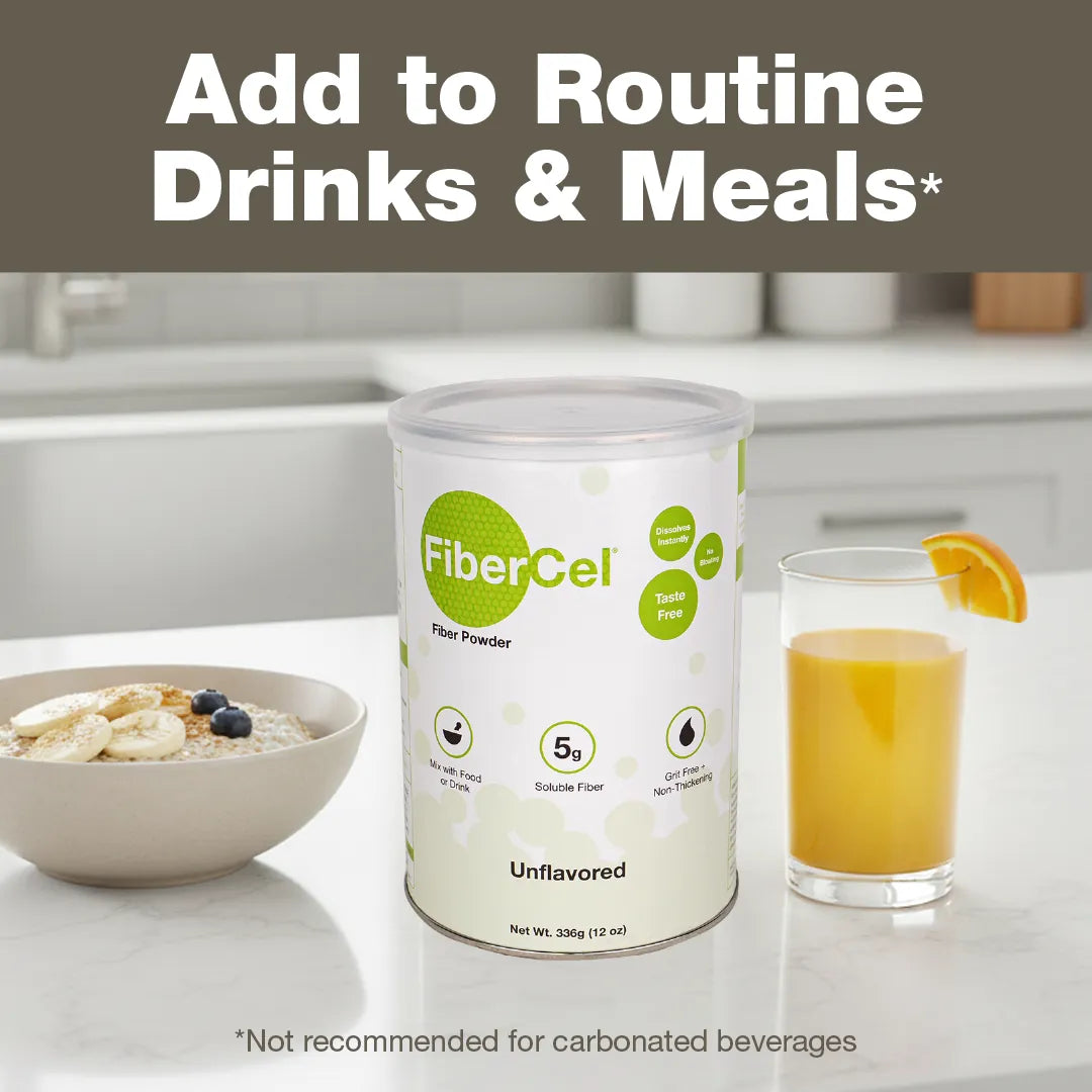 FiberCel canister beside breakfast and orange juice, showing how to add fiber to everyday drinks and meals