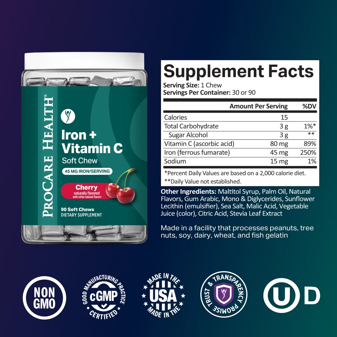 A bottle of ProCare Health Iron + Vitamin C Soft Chew dietary supplements shown on a dark blue gradient background with a Supplement Facts panel and certification logos below.