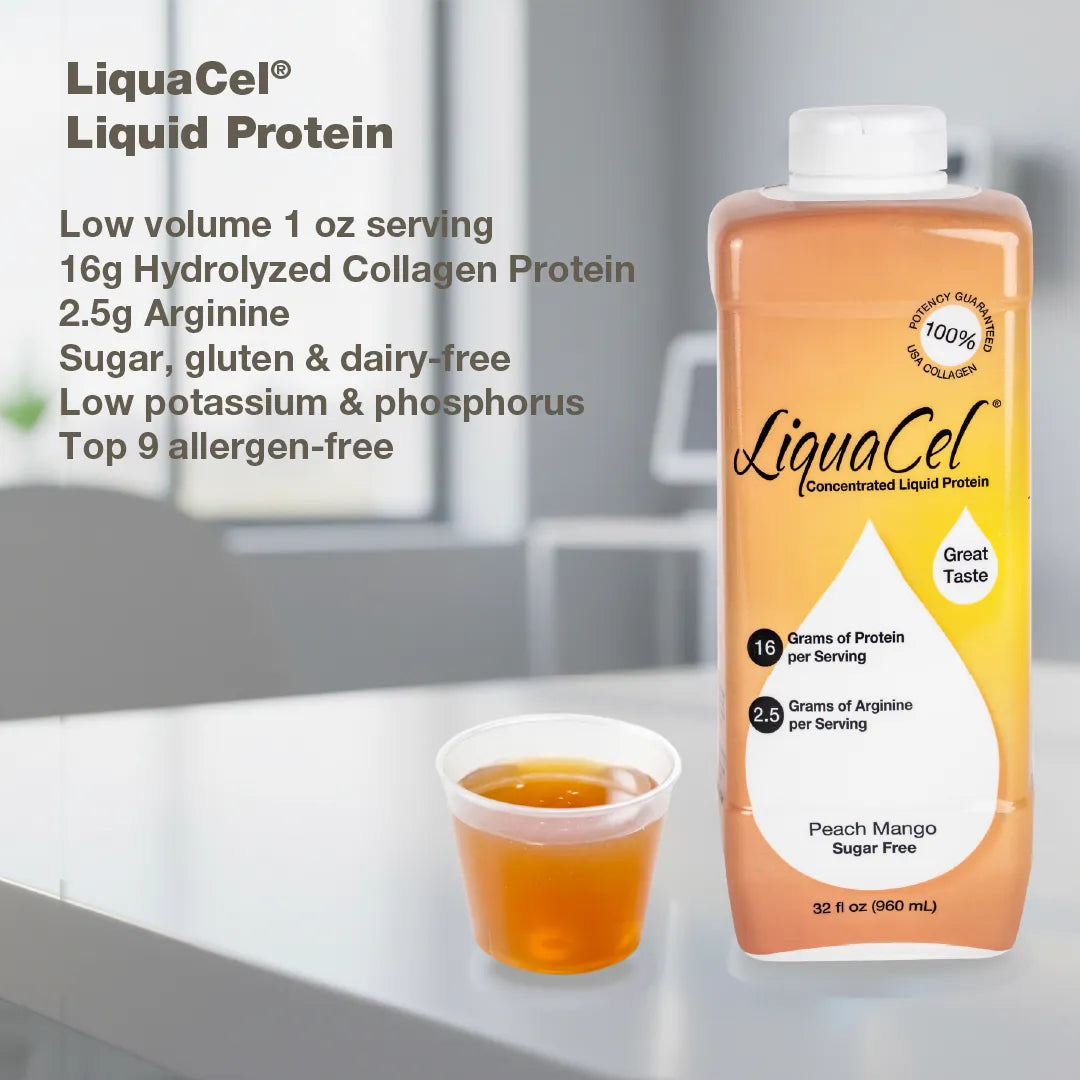 LiquaCel liquid protein 32 oz bottle with a serving cup, listing 16g protein per 1 oz serving and sugar, gluten & dairy free