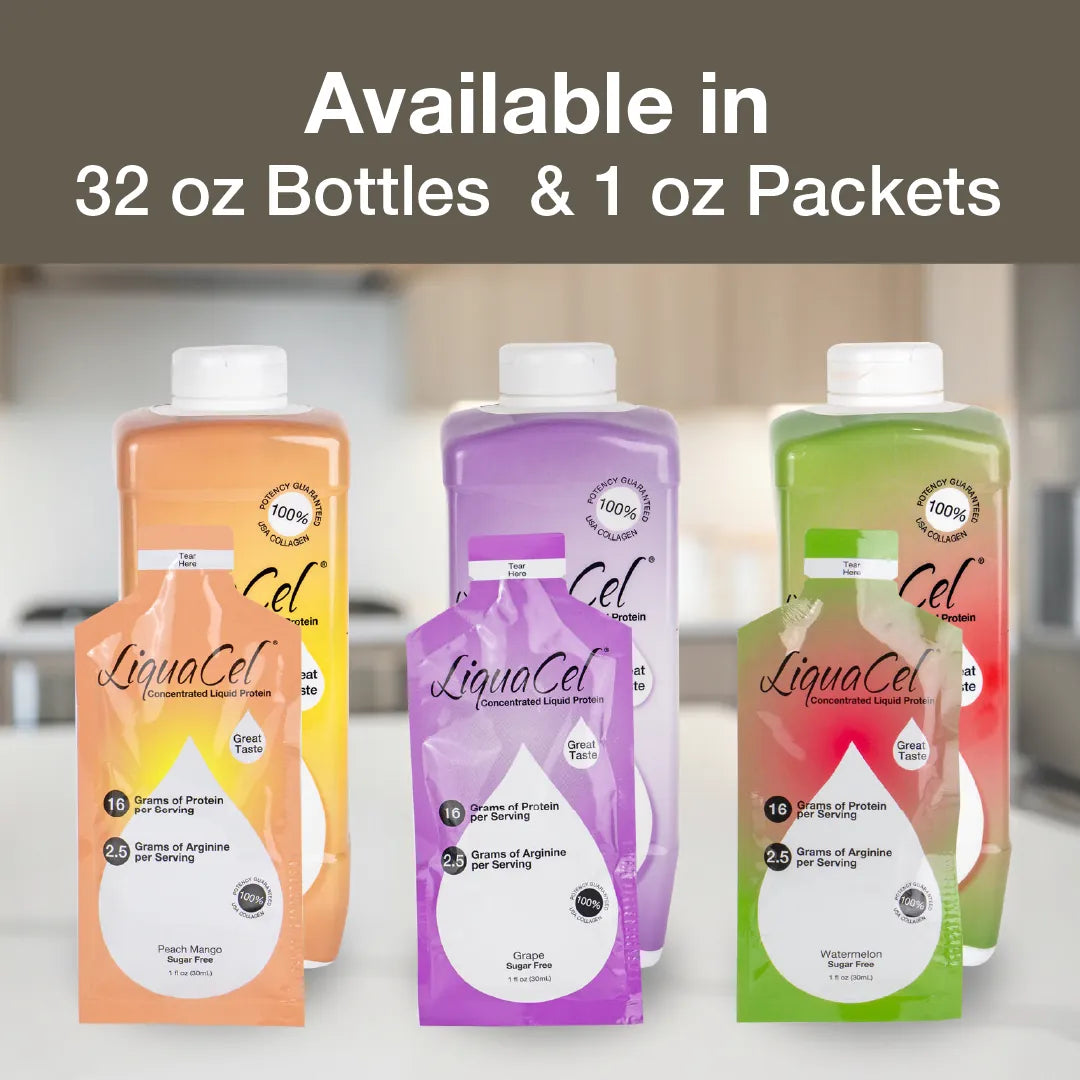 LiquaCel liquid protein lineup of 32 oz bottles and 1 oz single-serve packets in assorted flavors