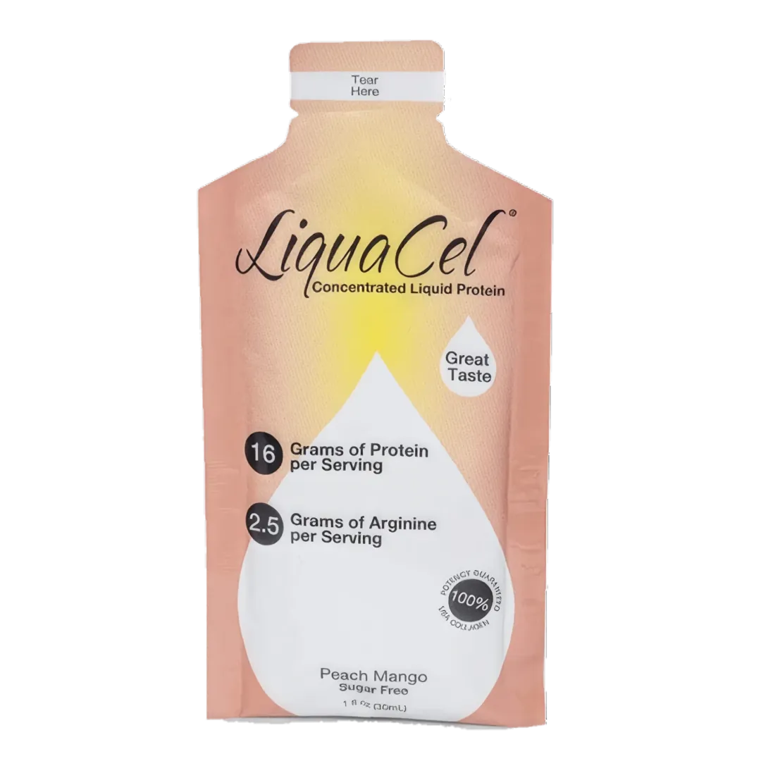 LiquaCel liquid protein single-serve 1 oz packet in Peach Mango flavor
