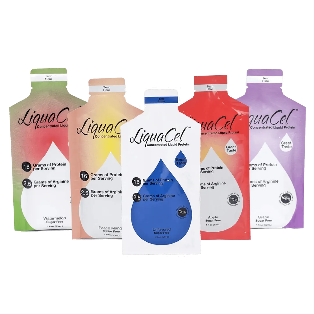 Five LiquaCel liquid protein 1 oz packets in assorted flavors