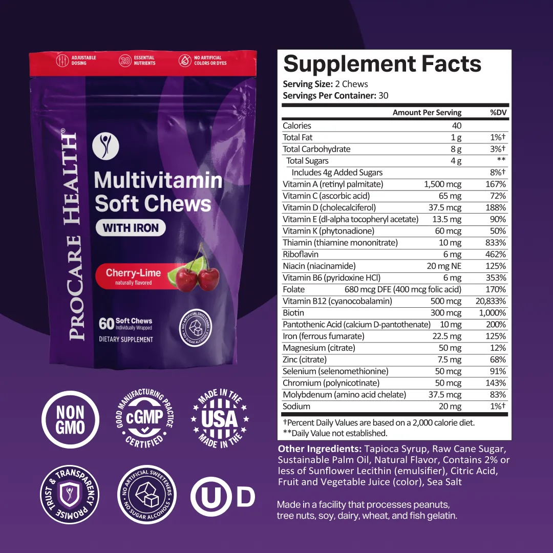ProCare Health Multivitamin Soft Chews with Iron package in Cherry-Lime flavor shown alongside a Supplement Facts panel. 