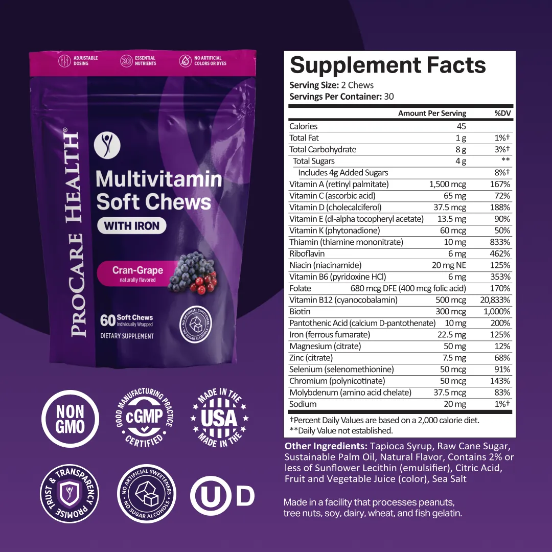 ProCare Health Multivitamin Soft Chews with Iron package in Cran-Grape flavor shown alongside a Supplement Facts panel. 