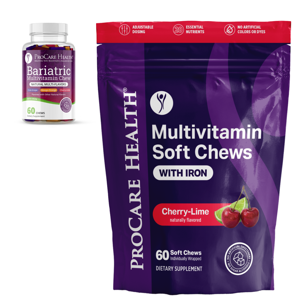 A large purple ProCare Health Multivitamin Soft Chews with Iron pouch in Cherry-Lime flavor is shown prominently, with a smaller bottle of ProCare Health Bariatric upper left corner to show the old vs new packaging