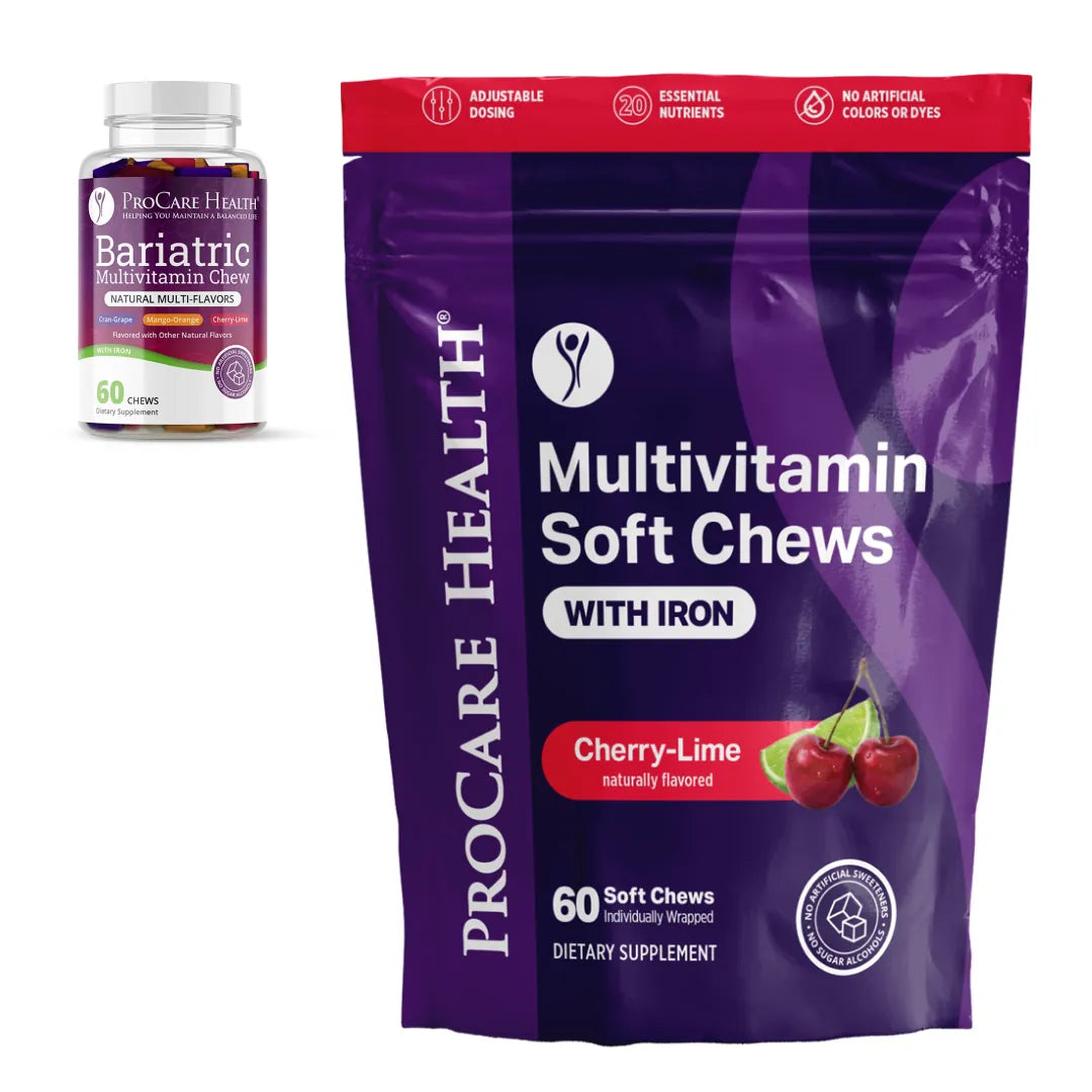 A large purple ProCare Health Multivitamin Soft Chews with Iron pouch in Cherry-Lime flavor is shown prominently, with a smaller bottle of ProCare Health Bariatric upper left corner to show the old vs new packaging