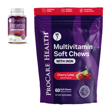 A large purple ProCare Health Multivitamin Soft Chews with Iron pouch in Cherry-Lime flavor is shown prominently, with a smaller bottle of ProCare Health Bariatric upper left corner to show the old vs new packaging