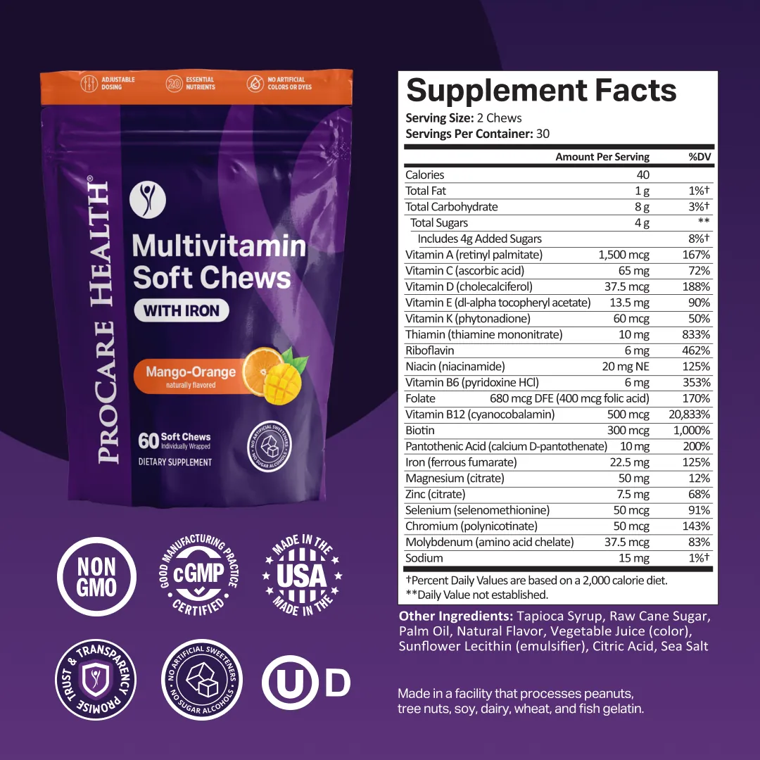 ProCare Health Multivitamin Soft Chews with Iron package in Mango Orange flavor shown alongside a Supplement Facts panel. 