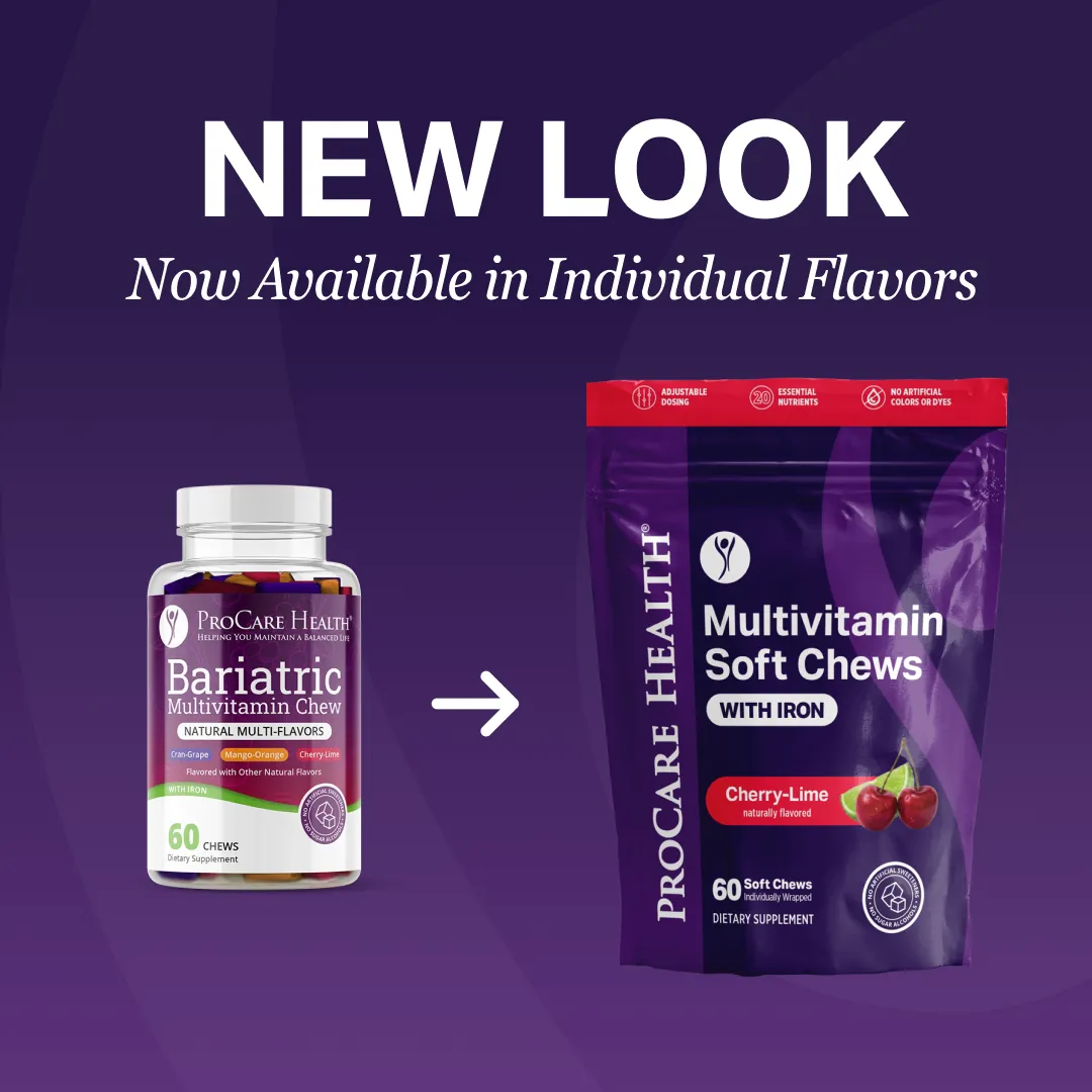 Promotional graphic showing the new look of Procare Health supplements on a purple background. Large white text at the top reads 'NEW LOOK' and 'Now Available in Individual Flavors.