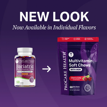 Promotional graphic showing the new look of Procare Health supplements on a purple background. Large white text at the top reads 'NEW LOOK' and 'Now Available in Individual Flavors.