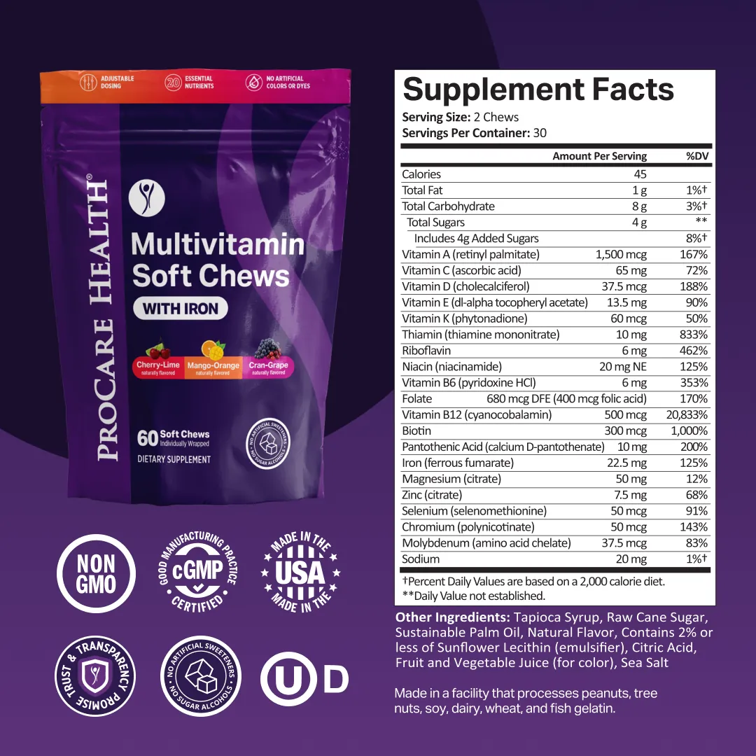 ProCare Health Multivitamin Soft Chews with Iron package in Variety Mix flavor shown alongside a Supplement Facts panel. 