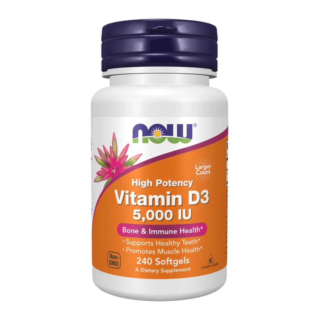 NOW Vitamin D-3 5,000 IU softgels, 240 count bottle