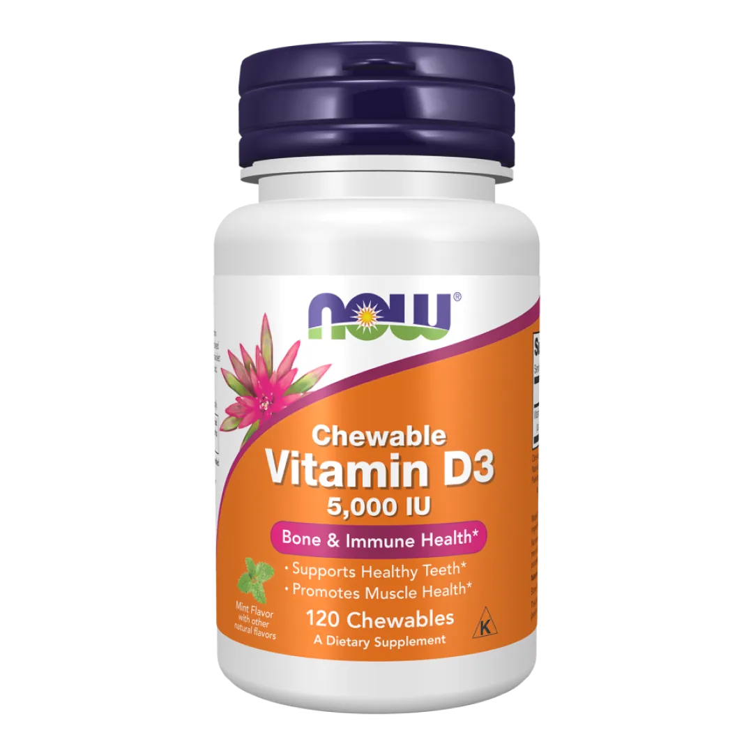 NOW Vitamin D-3 5,000 IU mint chewables, 120 count bottle