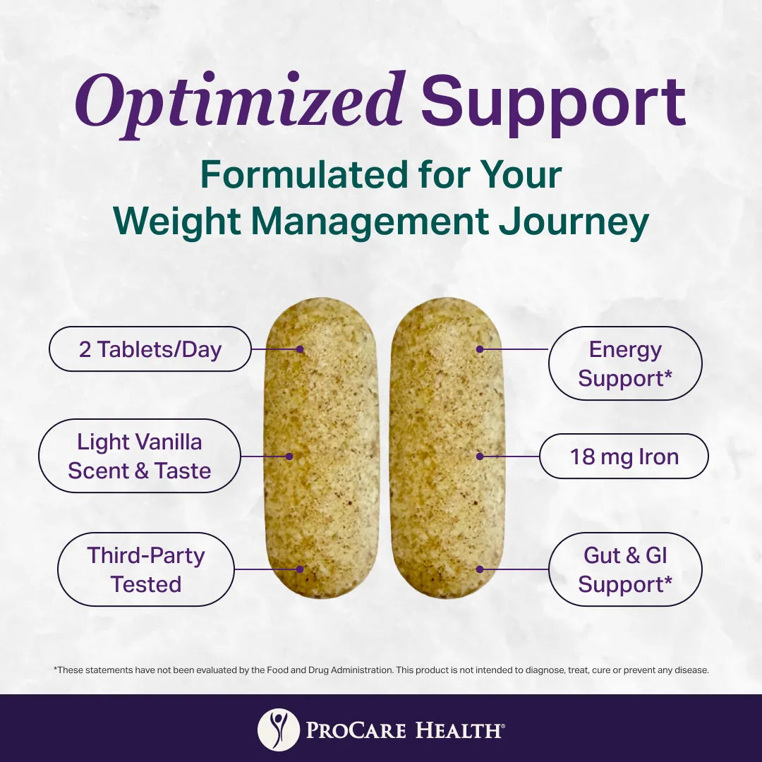 Promotional graphic for ProCare Health Optimize+ 3-in-1 multi tablets, showing two beige-brown oval tablets with callouts for dosage, scent/taste, iron content, and gut support on a light textured background.
