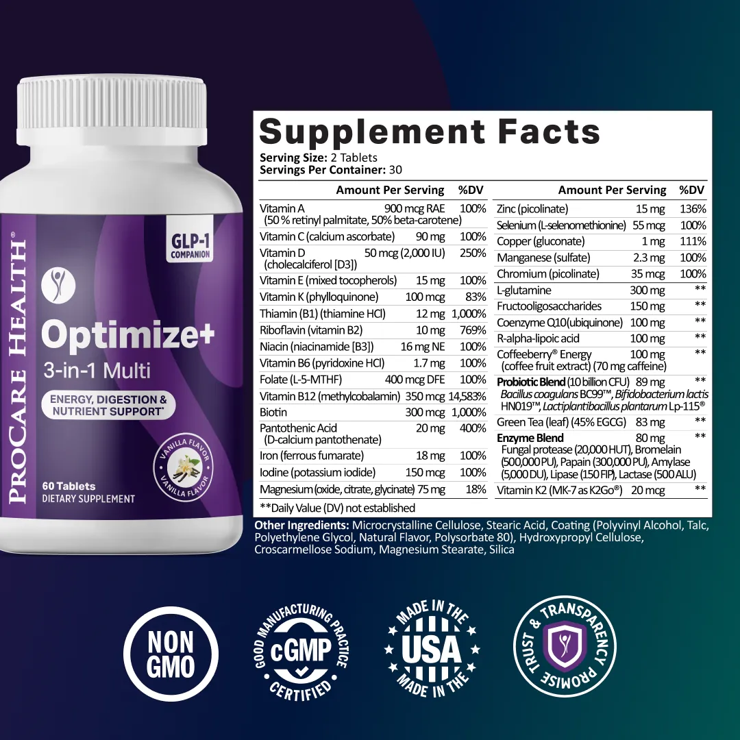 A supplement facts label for ProCare Health Optimize 3-in-1 Multi tablets, showing a white bottle with a purple label on the left and a large Supplement Facts table on a dark blue background. The label includes certification badges and a 'Made in the USA' seal.