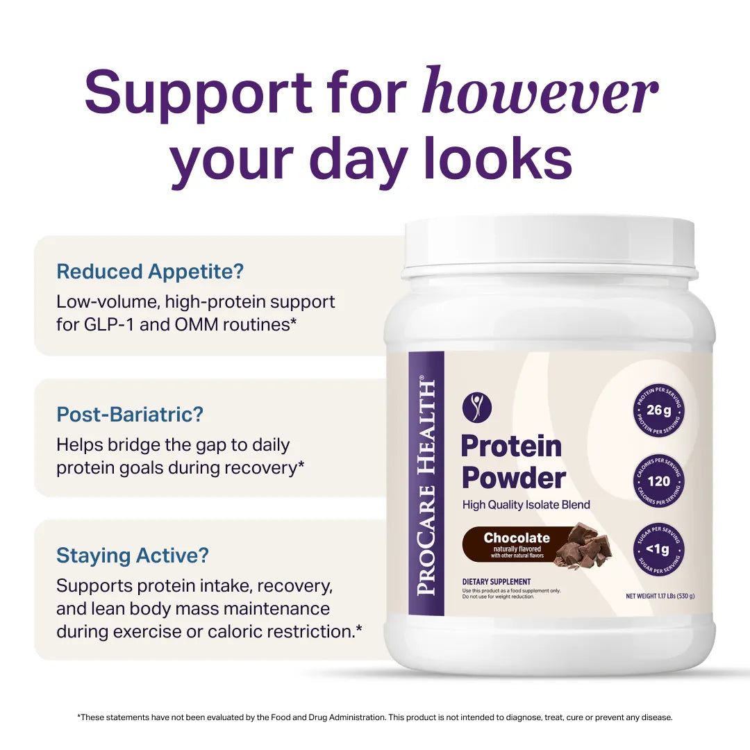 ProCare Health Protein Powder tub in Chocolate flavor on a white background with promotional text and feature callouts.