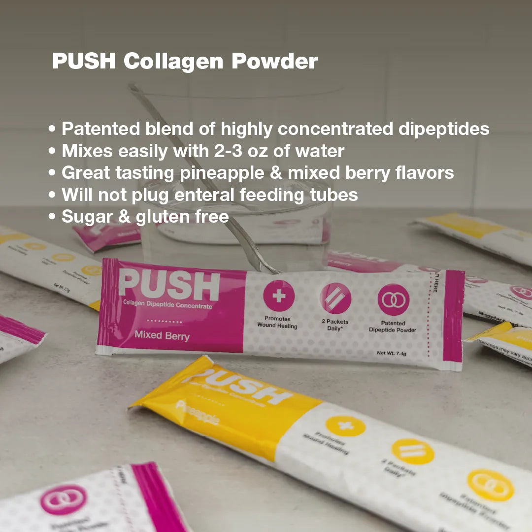 PUSH collagen powder stick packs with key features: mixes with 2 to 3 oz of water, sugar free and gluten free