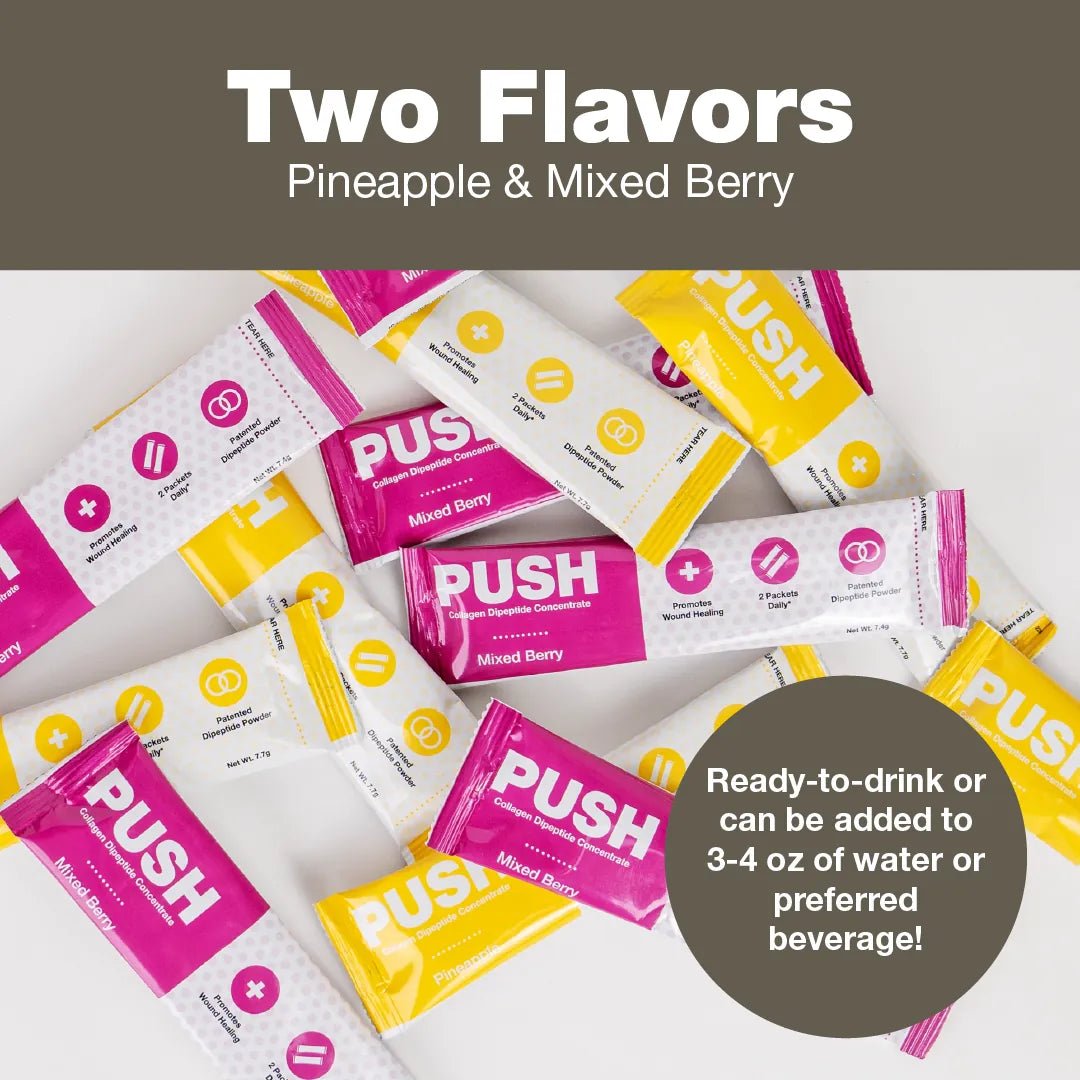 PUSH collagen stick packs in Pineapple and Mixed Berry, the two available flavors