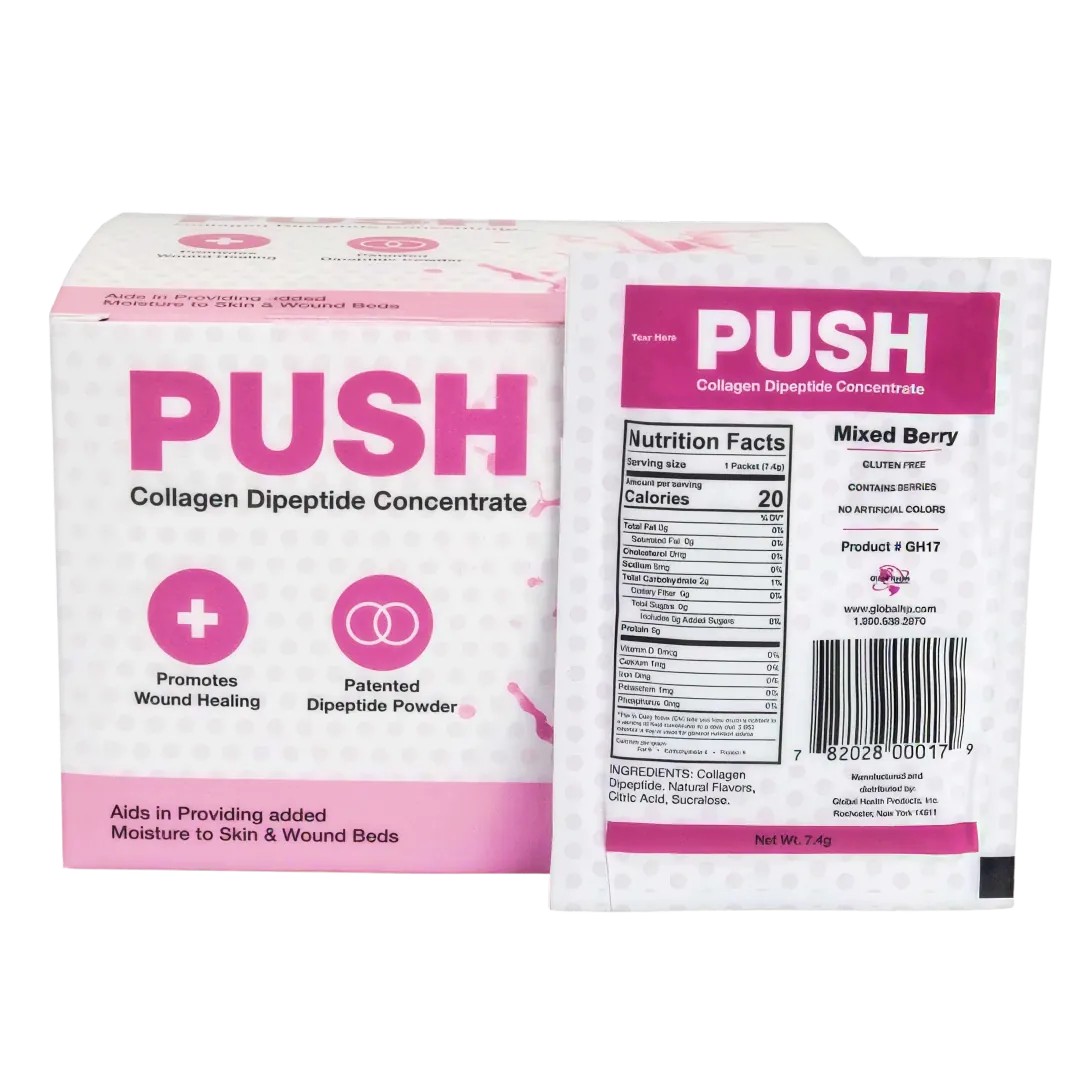PUSH Collagen Dipeptide Concentrate box of 30 stick packs in Mixed Berry with a single stick pack