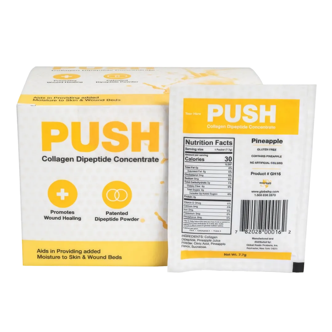 PUSH Collagen Dipeptide Concentrate box of 30 stick packs in Pineapple with a single stick pack