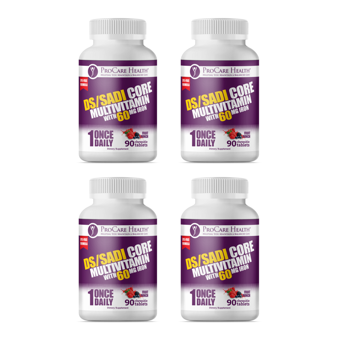 Four 90ct bottles of ProCare Health DS/SADI Bariatric Multivitamin Fruit Punch Chewable Tablets