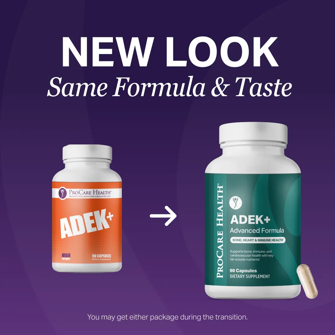 Two versions of a ProCare Health ADEK+ capsules supplement bottle on a purple background with text indicating a new look.