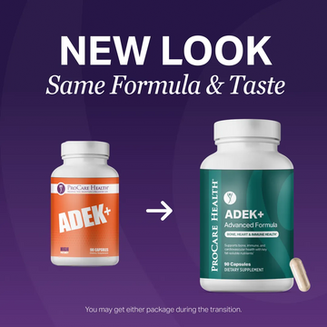 Two versions of a ProCare Health ADEK+ capsules supplement bottle on a purple background with text indicating a new look.