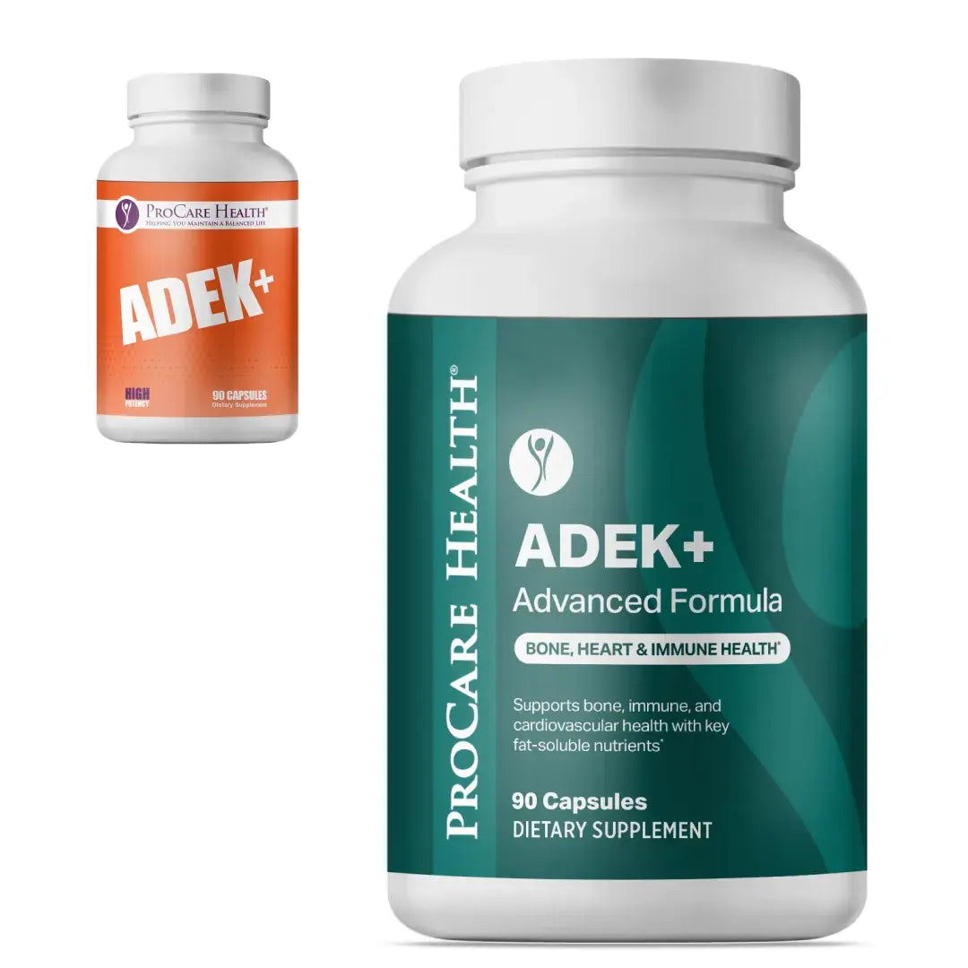 Two bottles of ProCare Health ADEK+ dietary supplement on a white background