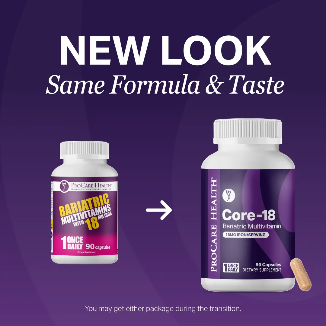 Two bottles of ProCare Health bariatric multivitamins with 18mg of iron on a purple background with text about new look and same formula.