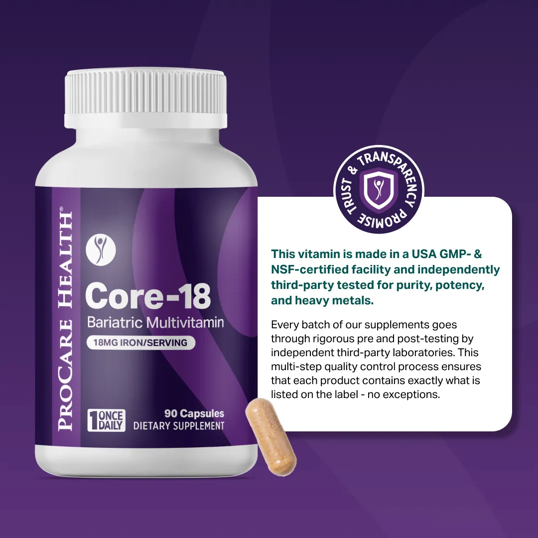 Purple bottle of ProCare Health Core-18 Bariatric Multivitamin capsules with Trust & Transparency Promise on a purple background.