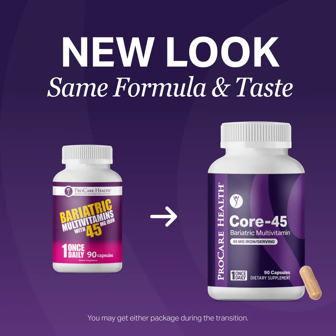 Two bottles of ProCare Health bariatric multivitamins on a purple background with text about new look and same formula.