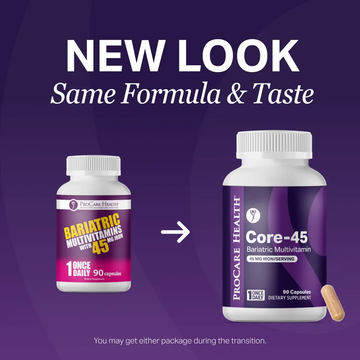 Two bottles of ProCare Health bariatric multivitamins on a purple background with text about new look and same formula.