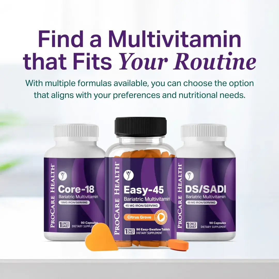Three ProCare Health multivitamin bottles on a white surface with a blurred green background.