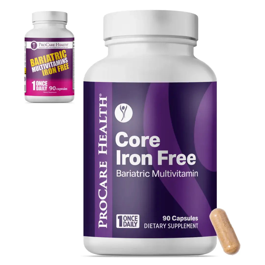Bottle of ProCare Health Core Iron Free Bariatric Multivitamin with a smaller image of the old branding packaging