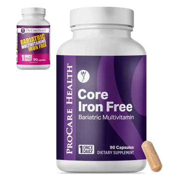 Bottle of ProCare Health Core Iron Free Bariatric Multivitamin with a smaller image of the old branding packaging