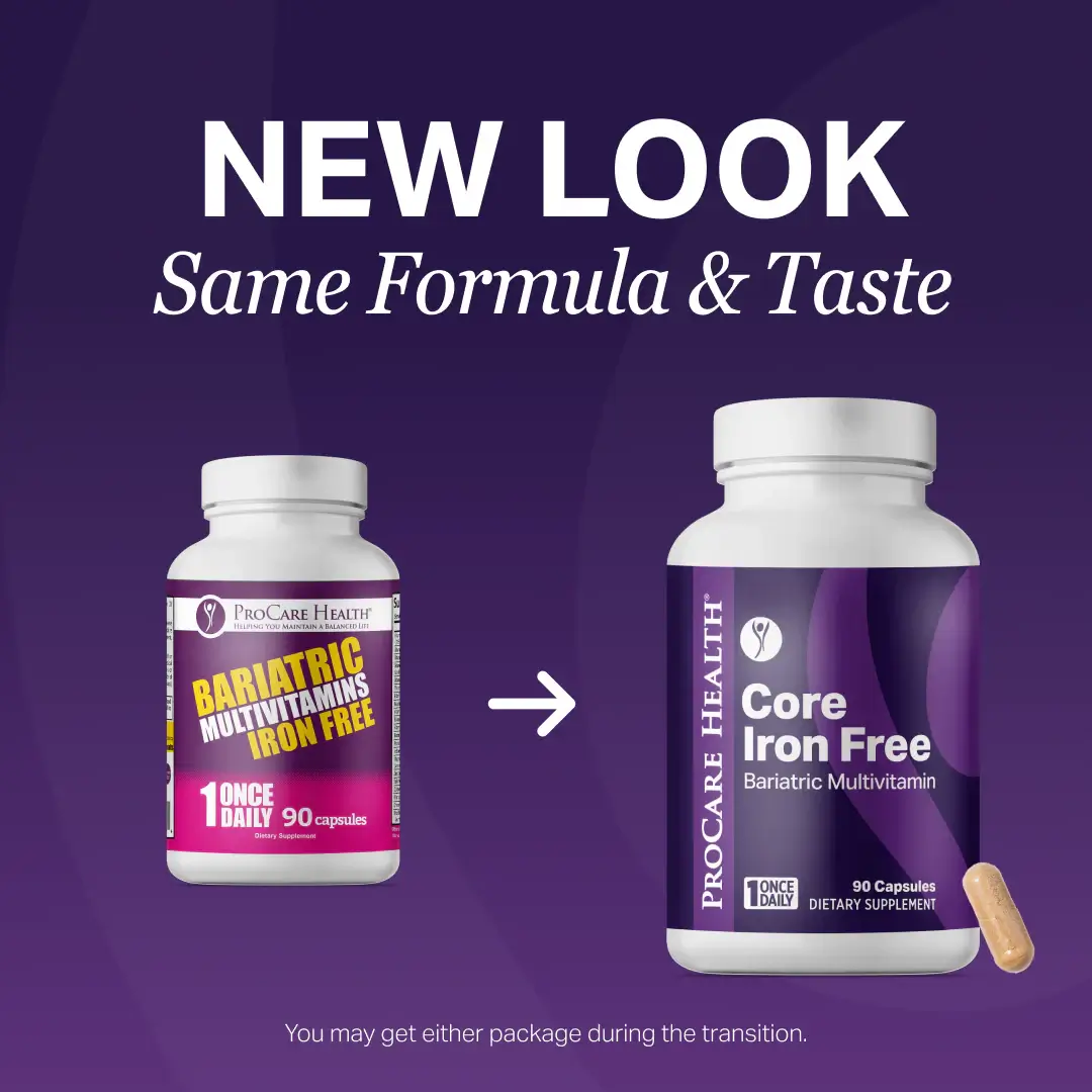 Two bottles of ProCare Health Core Iron Free bariatric multivitamins on a purple background with text indicating a new look.