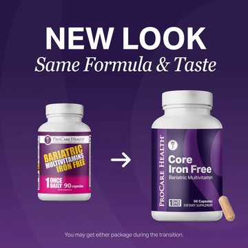 Two bottles of ProCare Health Core Iron Free bariatric multivitamins on a purple background with text indicating a new look.