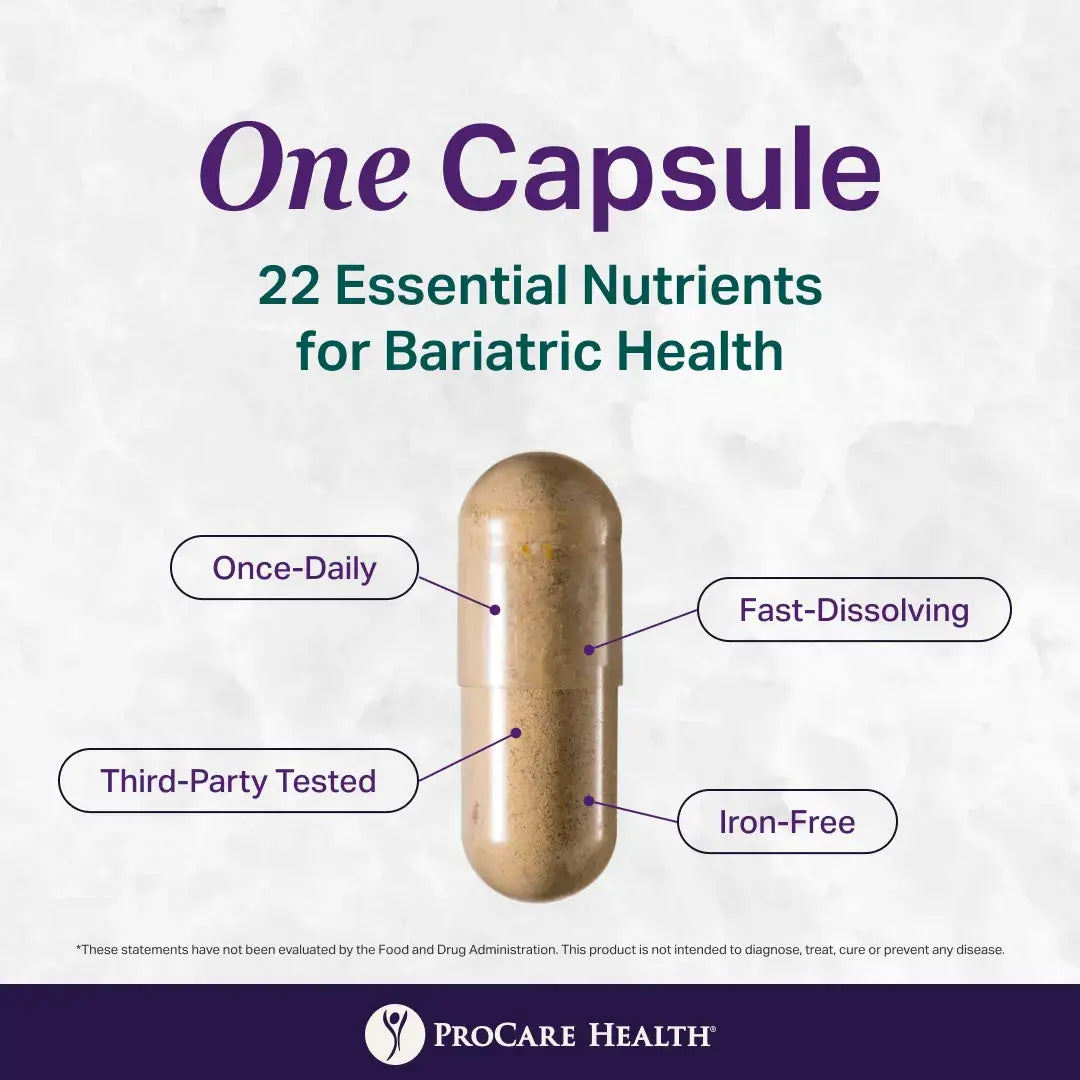 Iron free bariatric multivitamin capsule with nutritional information on a white background.