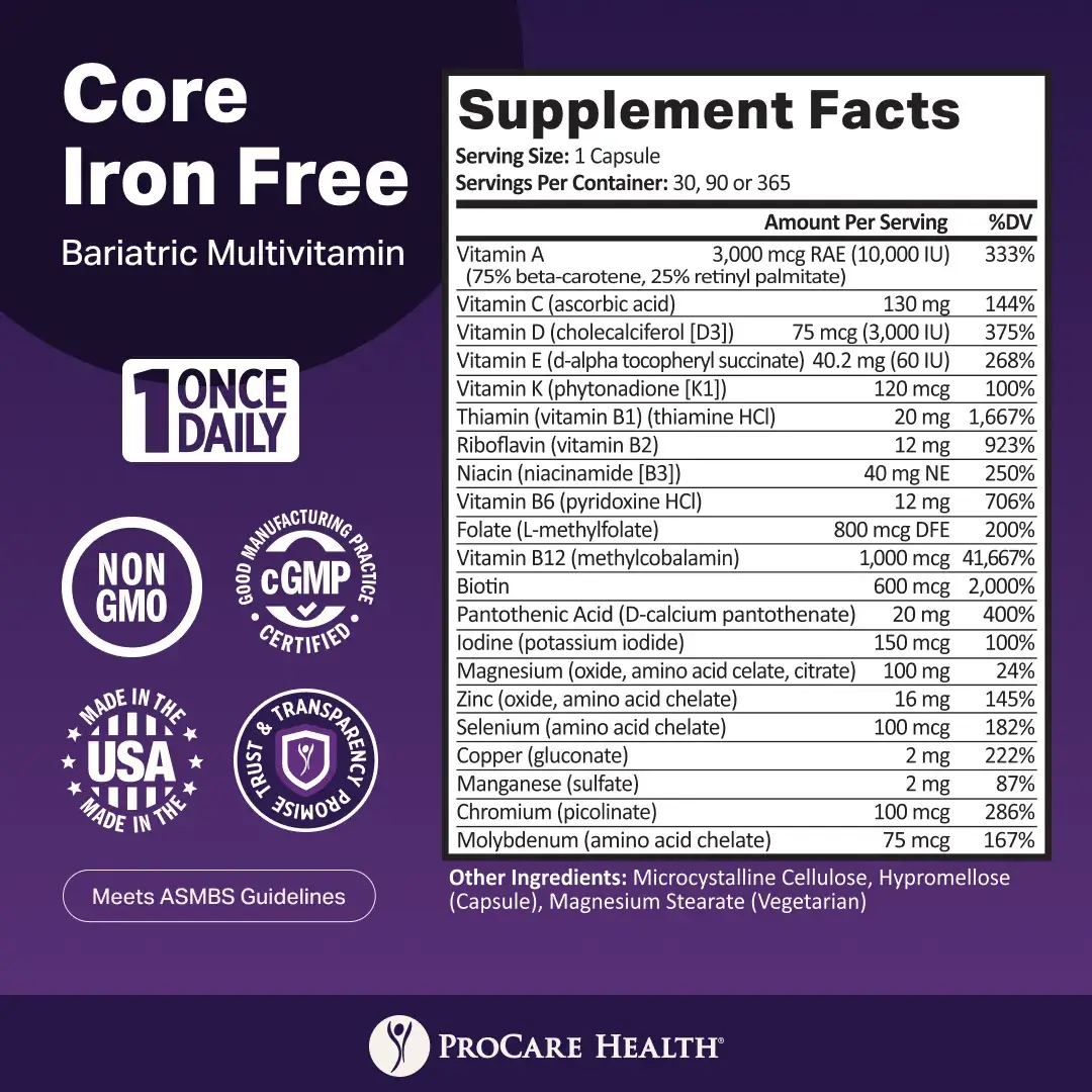 Supplement label for Core Iron Free bariatric multivitamin