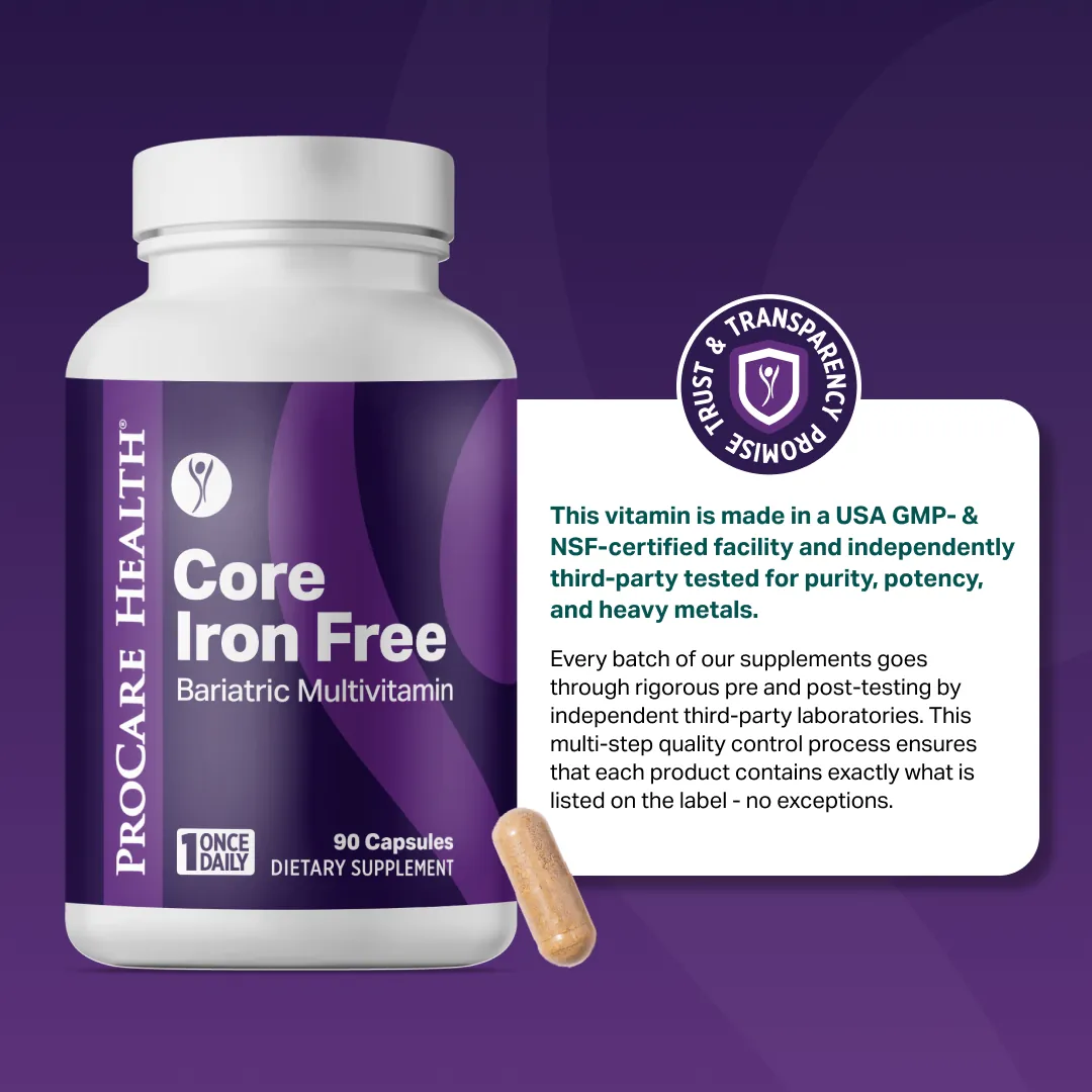 Supplement bottle labeled 'Core Iron Free' with a purple background and text about supplement quality.