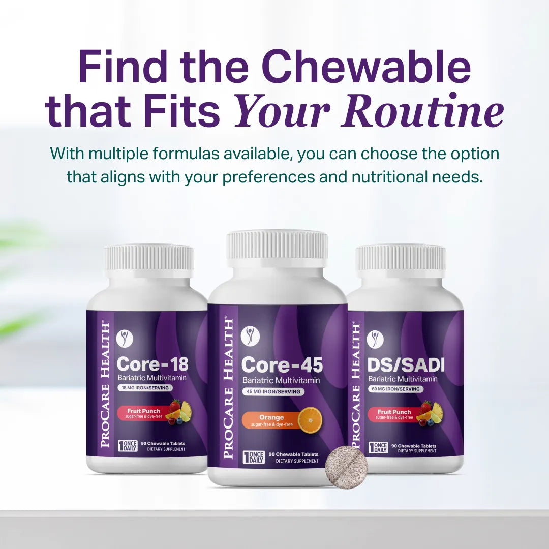 Core-18, Core-45 and DS/SADI chewable multivitamin bottles side by side