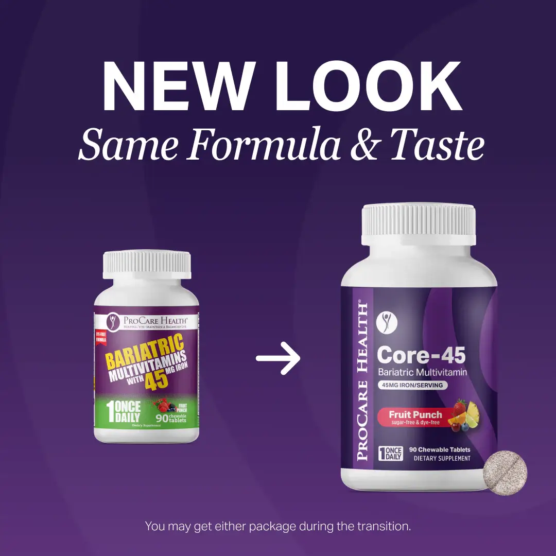 Core-45 Bariatric Multivitamin in Fruit Punch flavor with text indicating a new look for ProCare Health products on a purple background.