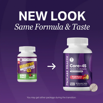Core-45 Bariatric Multivitamin in Fruit Punch flavor with text indicating a new look for ProCare Health products on a purple background.