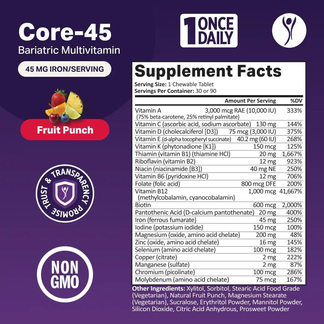 Core-45 Bariatric Multivitamin Chewable Tablet | Fruit Punch | 45 mg Iron Supplement Facts