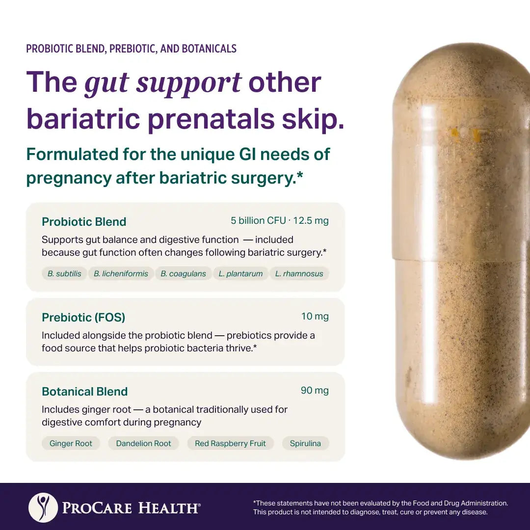 Prenatal bariatric supplement capsule with ProCare Health branding and product details on a white background.