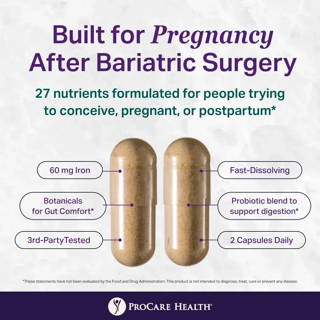 Prenatal bariatric multivitamin capsules  with benefits on ProCare Health branding.