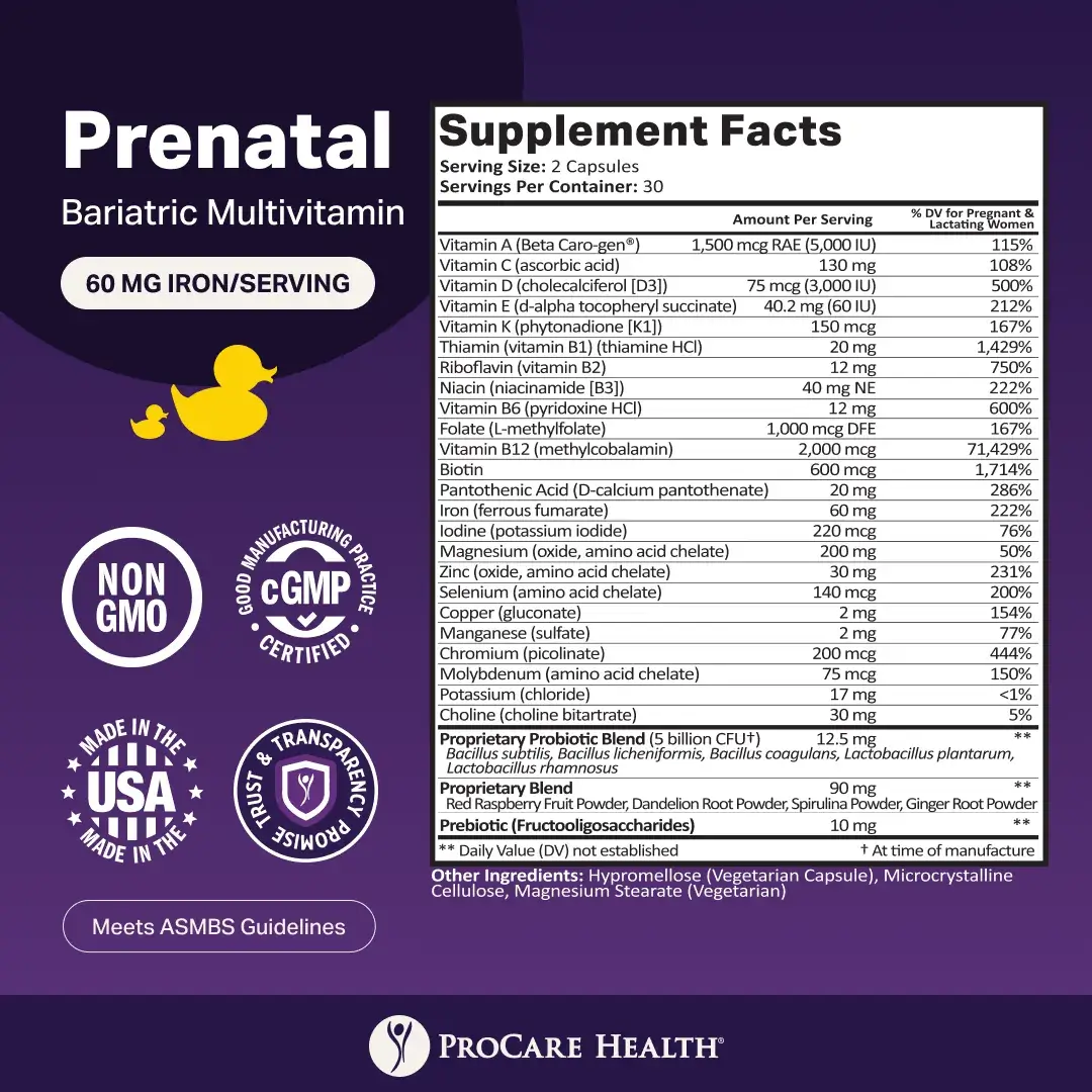 Prenatal bariatric multivitamin supplement facts label with ProCare Health branding on a purple background.