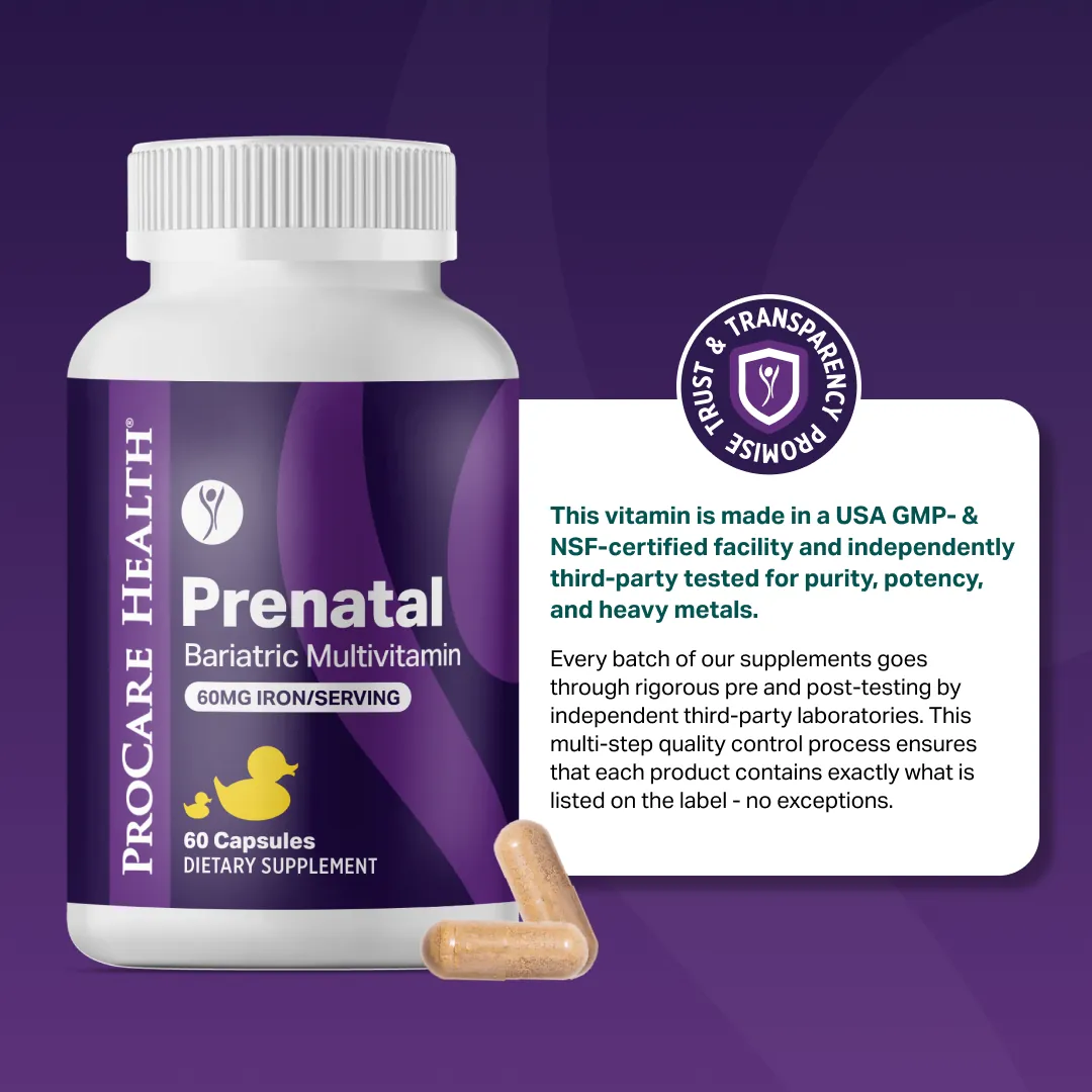 Prenatal bariatric multivitamin bottle with a white badge sharing Trust & Transparency promise