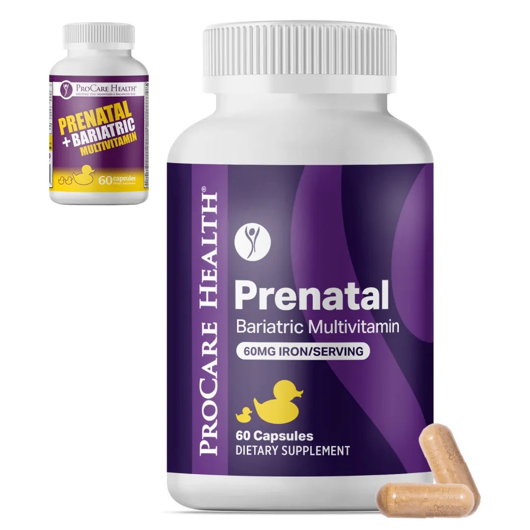Two bottles of ProCare Health Prenatal Bariatric Multivitamin, one new packaging and one old packaging