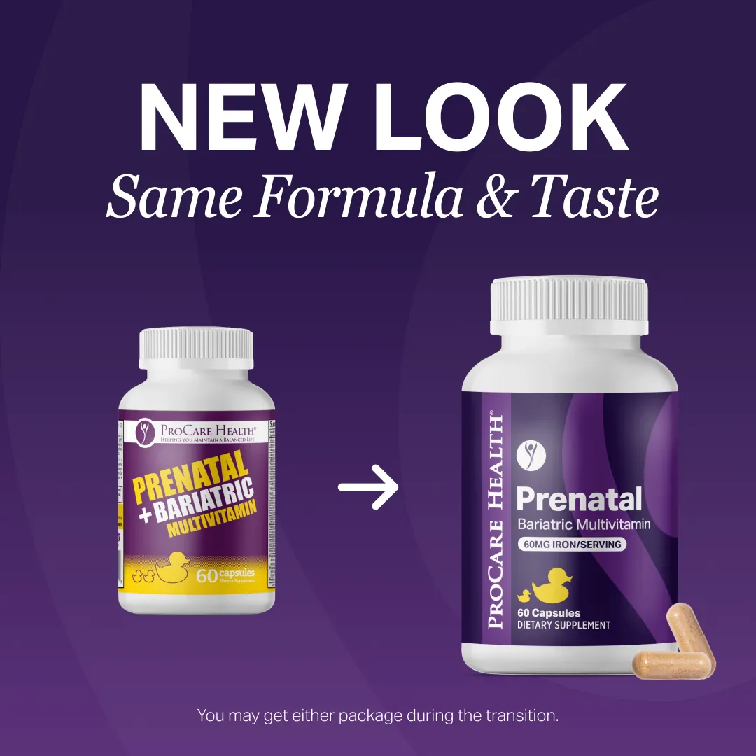 Two versions of a prenatal bariatric multivitamin bottle with text indicating 'New Look, Same Formula & Taste' on a purple background.